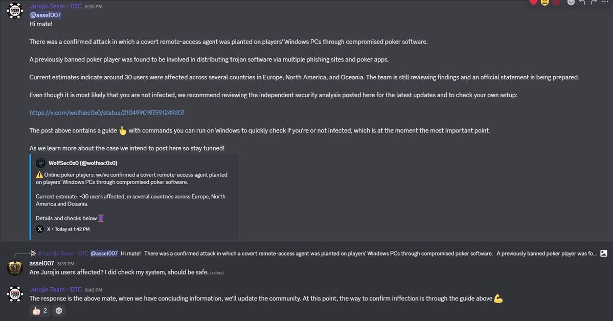 Jurojin Poker update packages compromised with remote-access malware